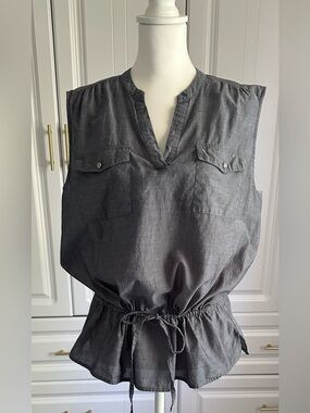 Nautica Sleeveless Drawstring Waist Peplum Top - Bluish Gray Chambray